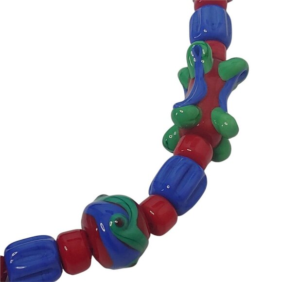 Beaded Art Glass Necklace Potion Bottle Charm Cork Red Blue Hippie Boho 11.5" - Picture 6 of 9